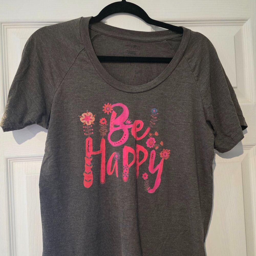 NATURAL LIFE Gray Short Sleeve Tee with Pink "Be Happy" Graphic